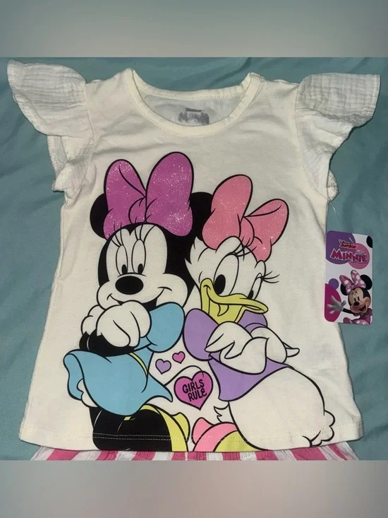 Disney Girls Minnie & Daisy Beige Top with Pink-and-White Striped Shorts - Picture 3 of 9
